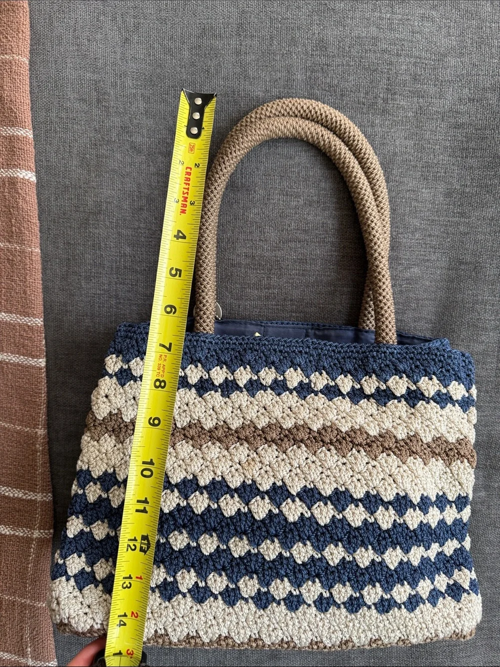 The Sak Crochet Knit Tote in Navy, Cream & Brown with Rope Handles